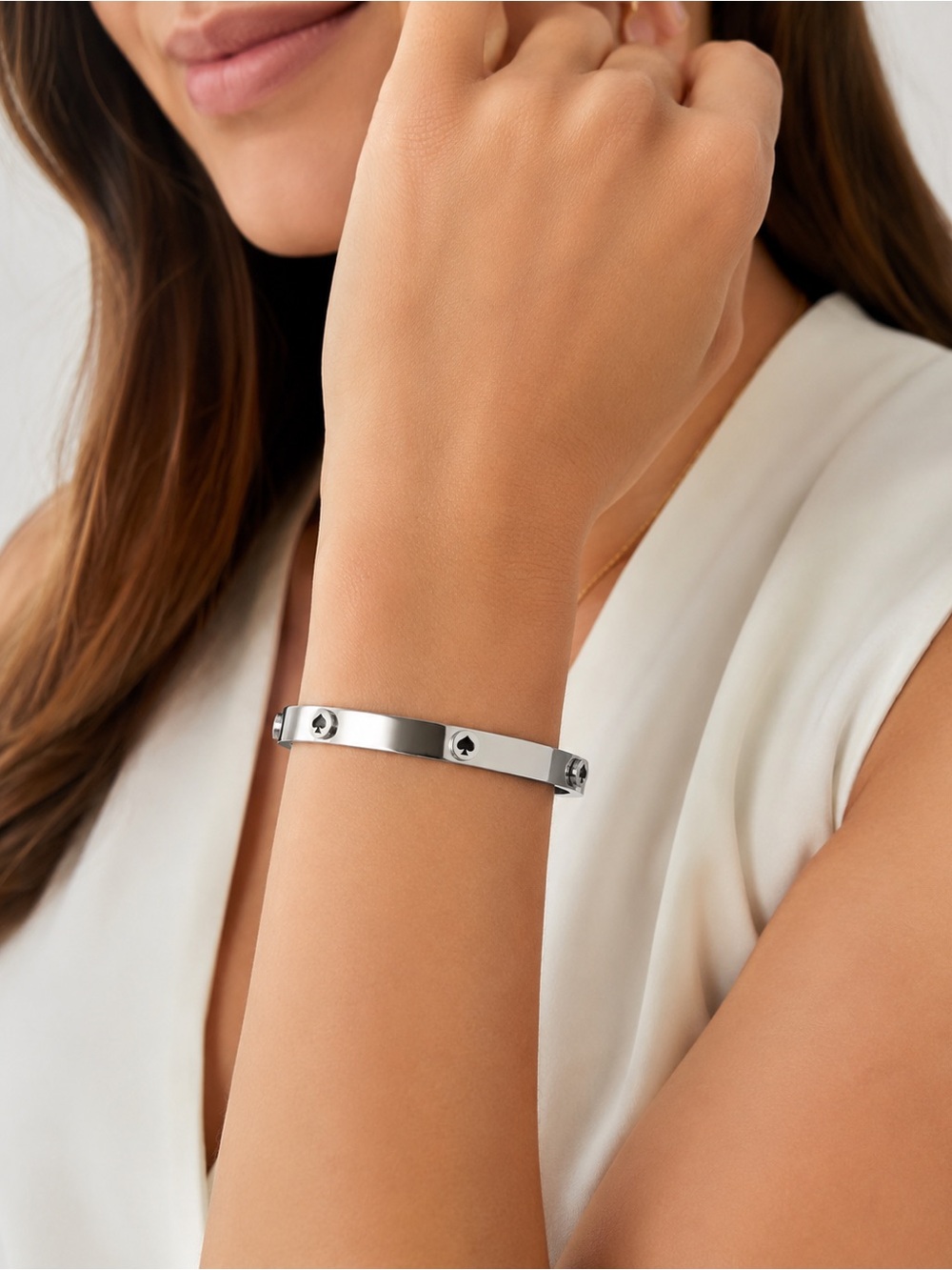 Kate Spade Spot The Spade Studded Hinged Bangle – Silver Tone Stainless Steel 🩶 - Picture 2 of 7